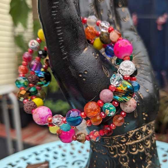 Jasper Agate Crystals Beaded Bracelet Handmade Festival Colorful Rainbow Quartz - Picture 4 of 13